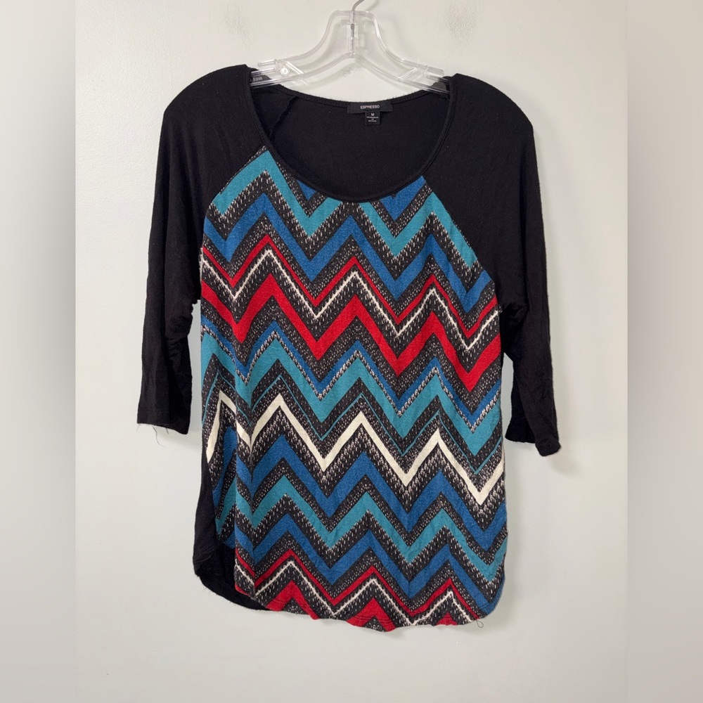 Espresso Multicolor Elbow Sleeve Chevron Top 2010 Vibes M Boho Chic
